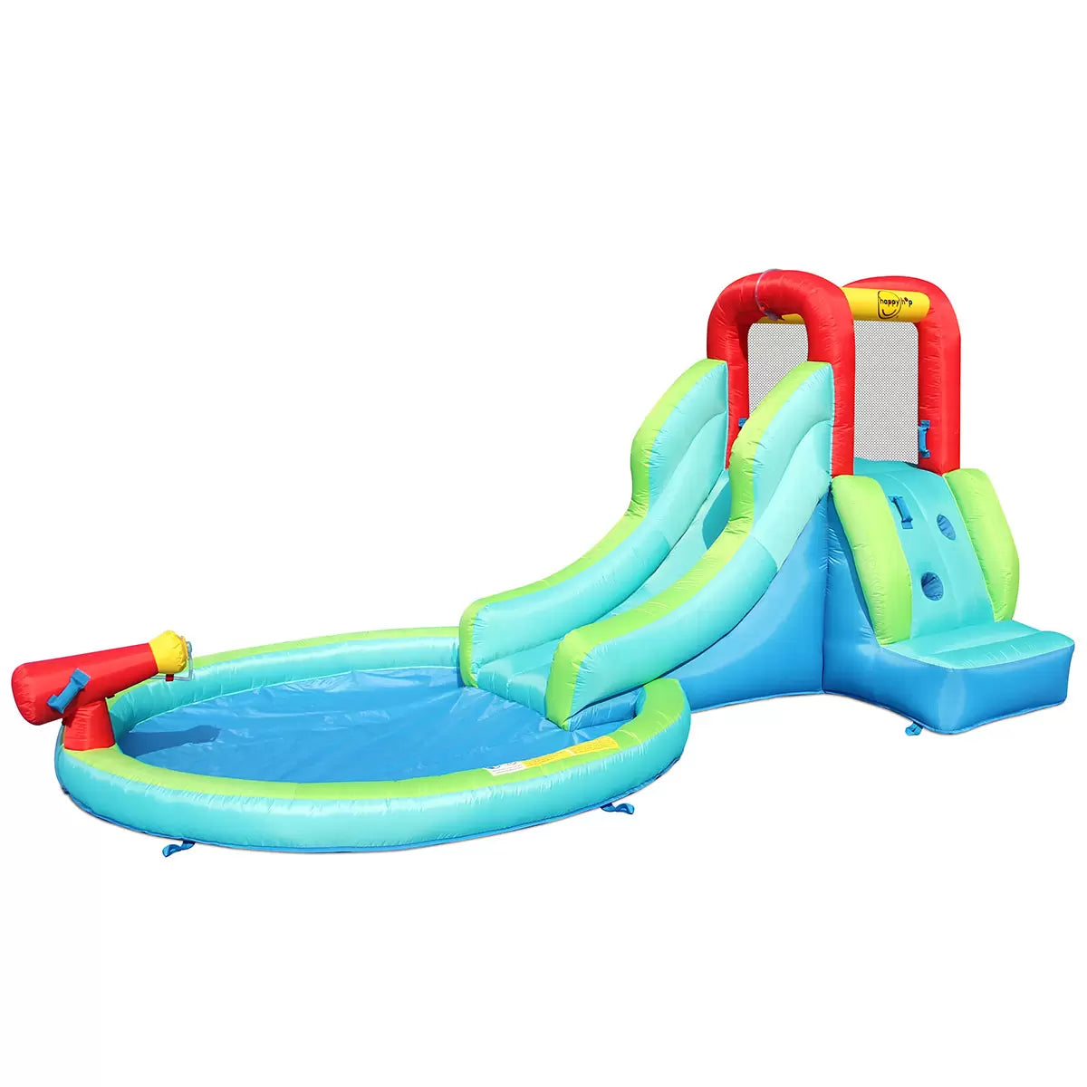 Colourful Happy Hop inflatable water slide pool with climbing wall, bounce area, splash pool and water cannon set up on a sunny garden lawn for children's outdoor summer play.