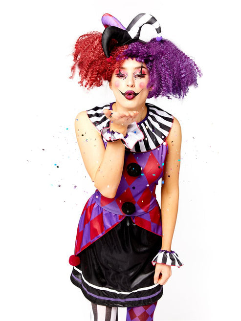 Front view of the Harlequin Heartbreaker Adult Costume showcasing the black and red diamond print pattern and matching collar on a model.