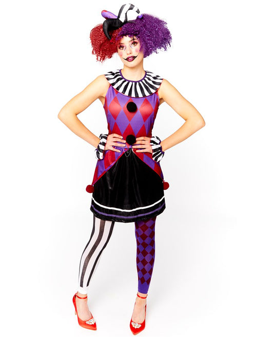 Front view of the Harlequin Heartbreaker Adult Costume showcasing the black and red diamond print pattern and matching collar on a model.