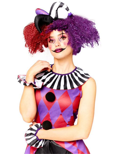 Front view of the Harlequin Heartbreaker Adult Costume showcasing the black and red diamond print pattern and matching collar on a model.