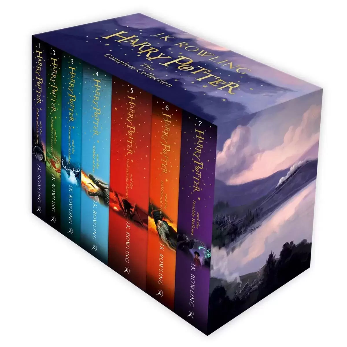 Front angle view of the complete Harry Potter seven-book paperback box set in its colorful, illustrated slipcase, arranged on a rustic wooden bookshelf in a brightly lit children's library.