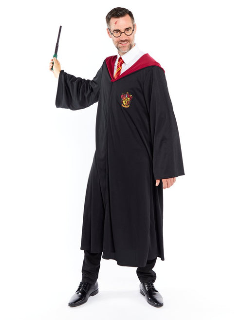 Side profile of an adult wearing a black Harry Potter costume robe with red Gryffindor lining, displaying the pointed hood and full sleeve length.