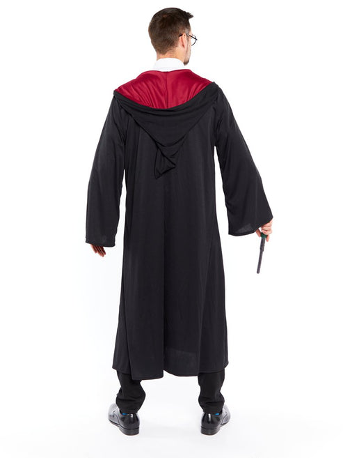 Side profile of an adult wearing a black Harry Potter costume robe with red Gryffindor lining, displaying the pointed hood and full sleeve length.