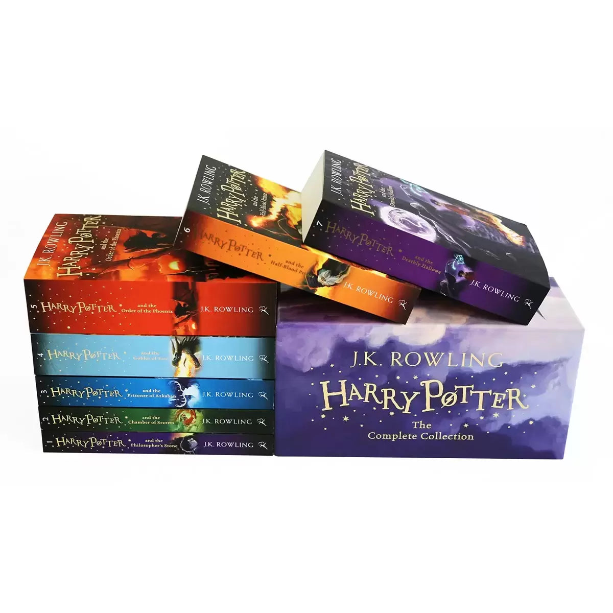 Harry Potter complete collection seven book paperback box set in a colourful illustrated slipcase standing upright on a wooden shelf.