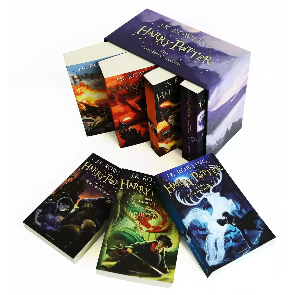 Harry Potter complete collection seven book paperback box set in a colourful illustrated slipcase standing upright on a wooden shelf.