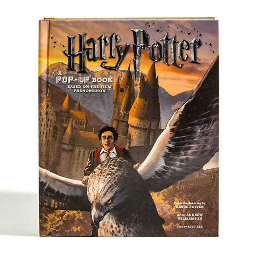 Open Harry Potter Deluxe Pop Up hardcover book displaying a detailed three-dimensional paper pop-up structure of Hogwarts Castle with movie concept illustrations.