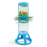 Hasbro Giant KerPlunk Game blue plastic tower standing 91cm tall on an outdoor green lawn with bright multicoloured sticks inserted through the frame holding large balls in place.