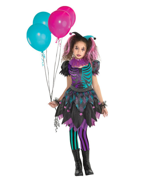 Front view of the Haunted Harlequin child costume featuring a skeletal bodice, layered jagged skirt, netted collar, mismatched puffed sleeves, and two-tone tights.