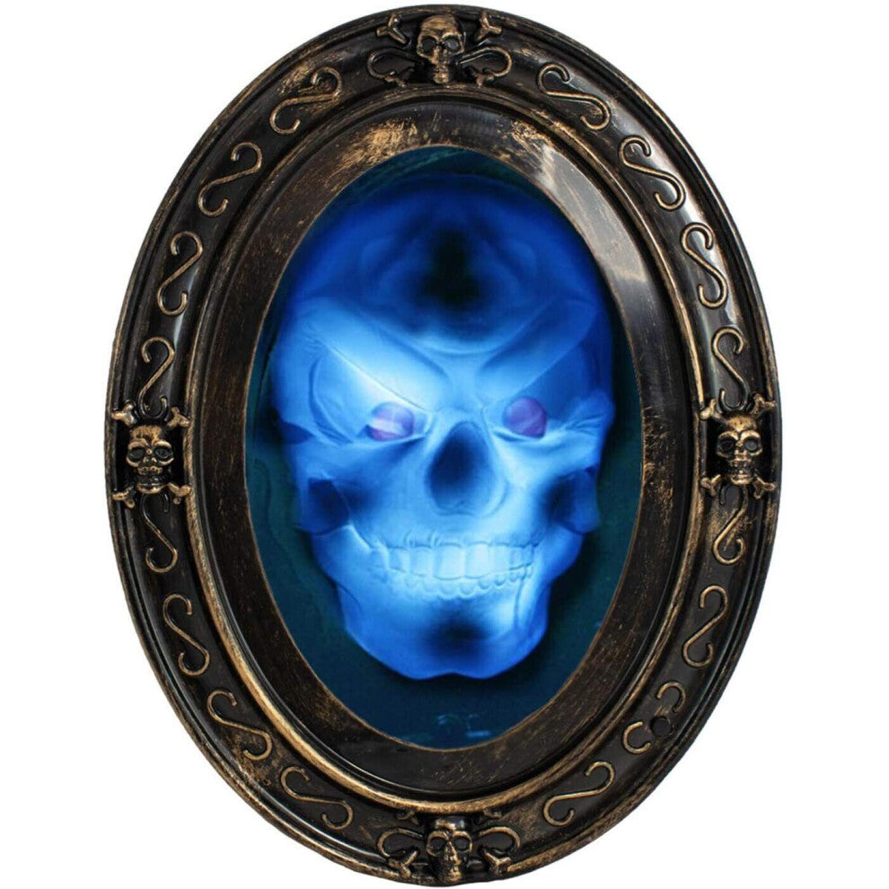 Front view of a vintage-style oval haunted mirror displaying a glowing flashing 3D skull face with red eyes in a dark room.