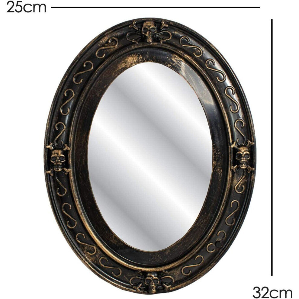 Front view of a vintage-style oval haunted mirror displaying a glowing flashing 3D skull face with red eyes in a dark room.