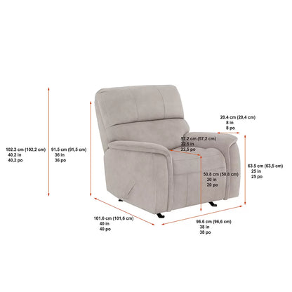 Front three-quarter angle of the True Innovations Hayden beige fabric manual recliner chair, showcasing its plush bustle-back cushion design, padded arms, and soft polyester fabric in a cozy living room.