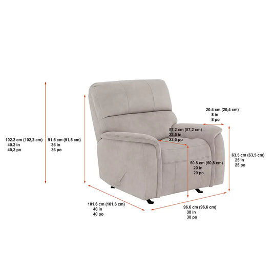 Front three-quarter angle of the True Innovations Hayden beige fabric manual recliner chair, showcasing its plush bustle-back cushion design, padded arms, and soft polyester fabric in a cozy living room.