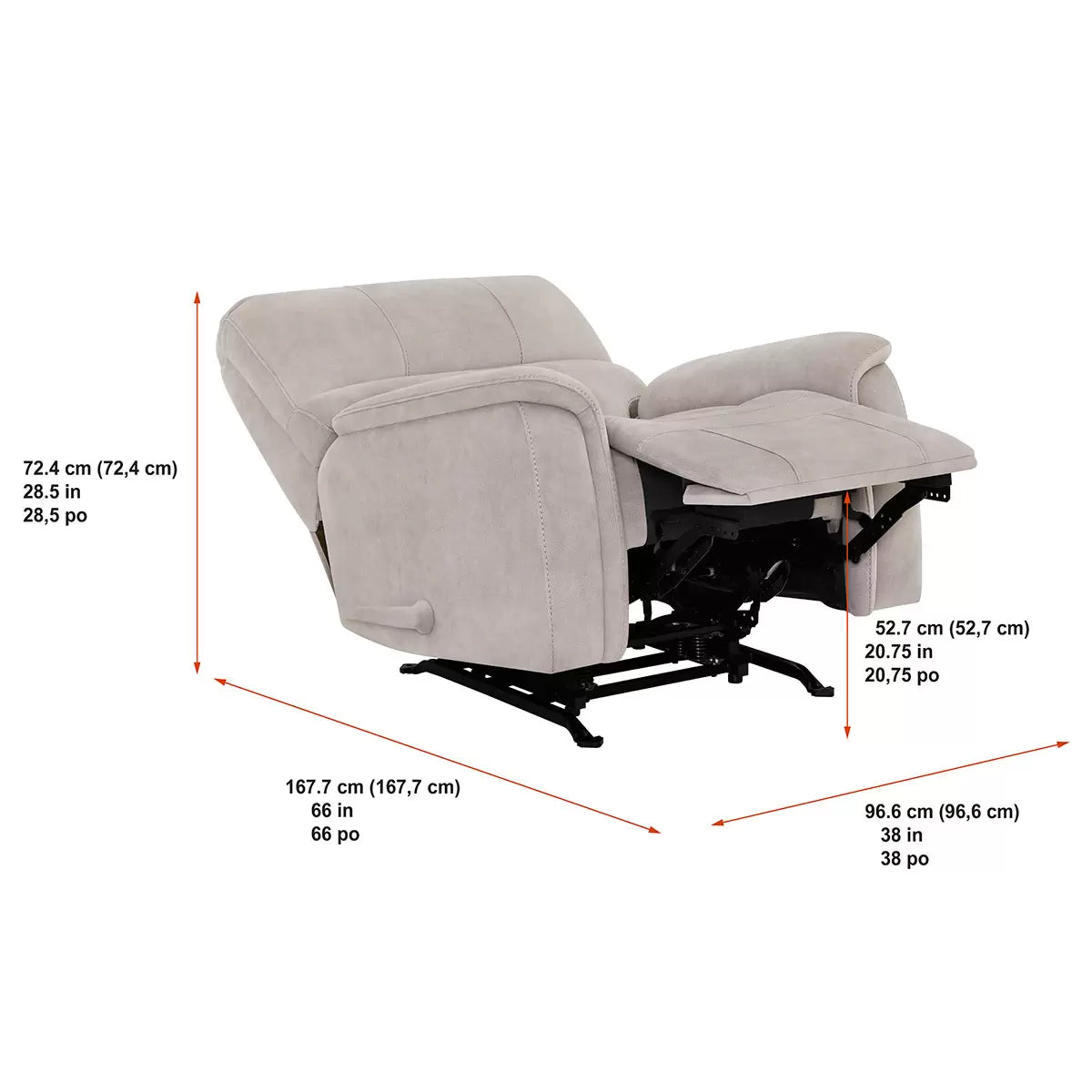 Front three-quarter angle of the True Innovations Hayden beige fabric manual recliner chair, showcasing its plush bustle-back cushion design, padded arms, and soft polyester fabric in a cozy living room.