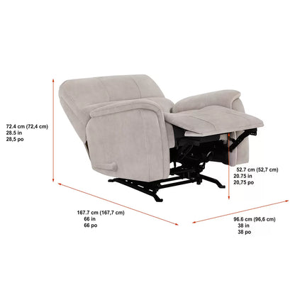 Front three-quarter angle of the True Innovations Hayden beige fabric manual recliner chair, showcasing its plush bustle-back cushion design, padded arms, and soft polyester fabric in a cozy living room.