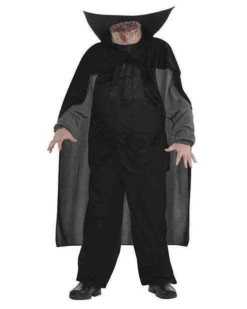 Full-length front view of an adult wearing the Headless Horseman costume featuring a severed neck stump collar, black draped cape, and dark ornate tunic.