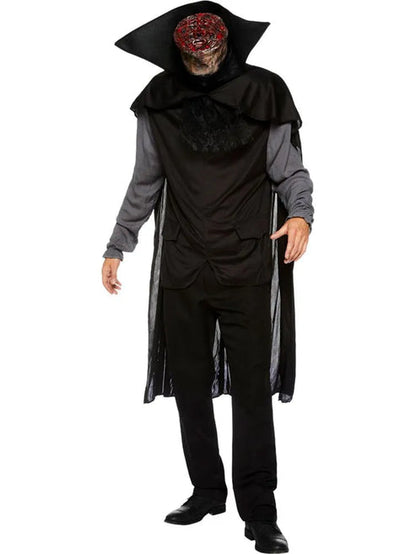 Full-length front view of an adult wearing the Headless Horseman costume featuring a severed neck stump collar, black draped cape, and dark ornate tunic.