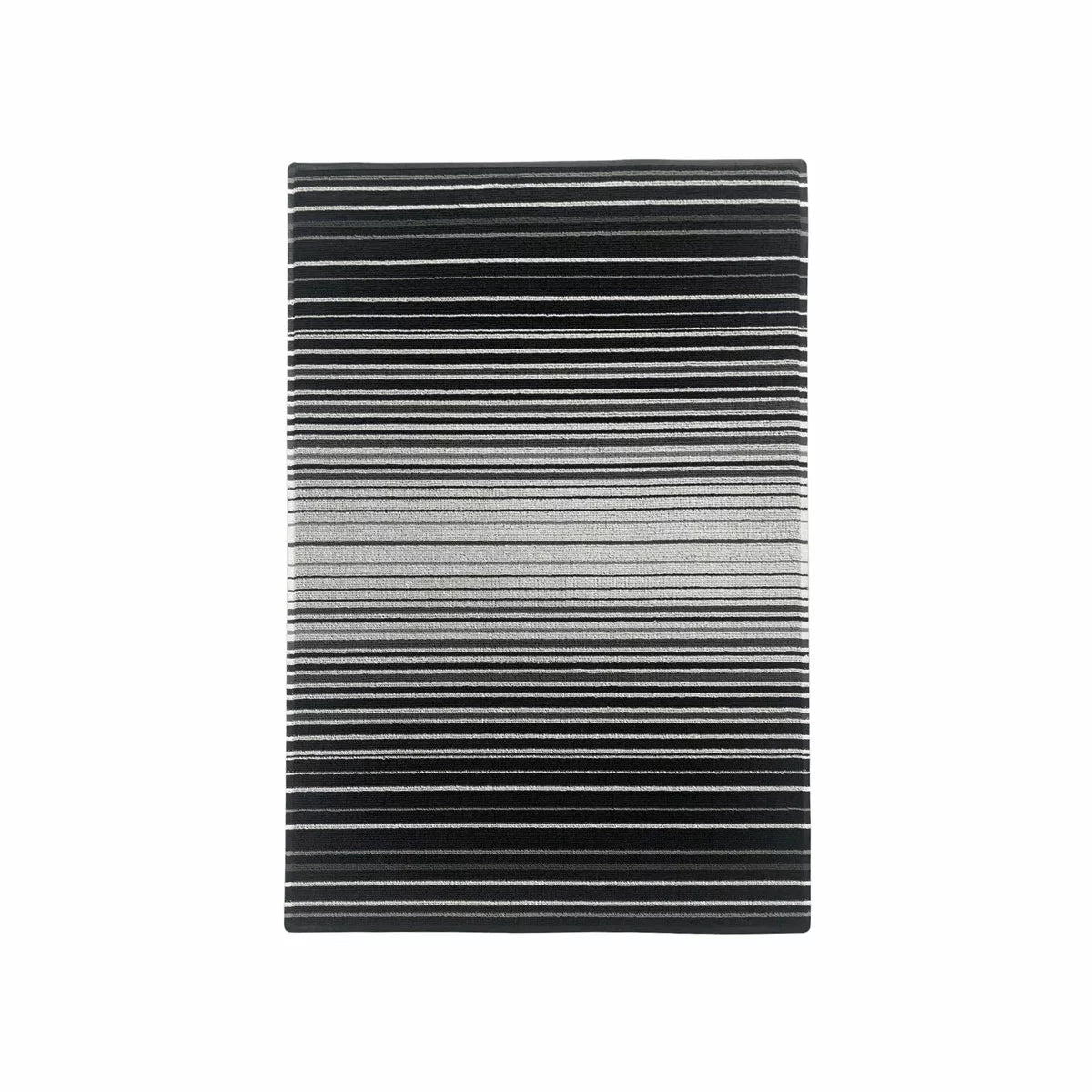 Top-down view of the black Korhani Loop Scraper Utility Mat showing its textured vinyl loop-scraper surface and low-profile edge on a modern wooden hallway floor.