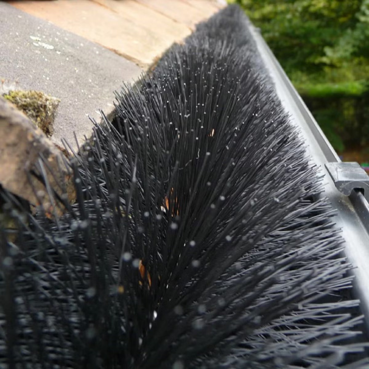Black cylindrical polypropylene Hedgehog gutter brush guard displaying stiff radial bristles and wire central core laid inside a white plastic house gutter.