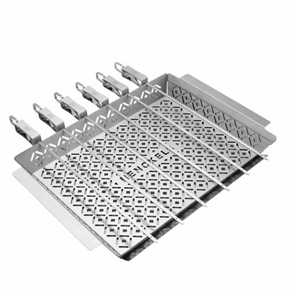 A Henckels 8-piece BBQ set laid out on a clean grilling station, showing the stainless steel grill basket, large grill topper tray, and six skewers with release sliders.