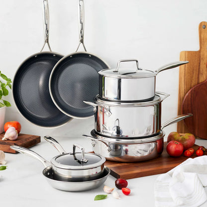 Henckels Paradigm 11-piece stainless steel cookware set with pots, pans, and lids for even heat distribution and everyday cooking