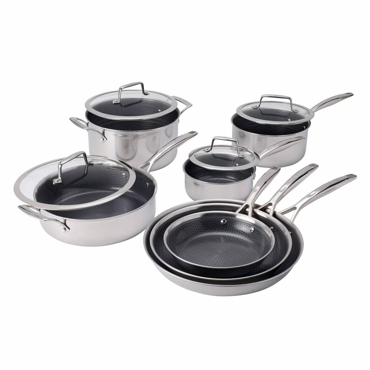 Henckels Paradigm 11-piece stainless steel cookware set with pots, pans, and lids for even heat distribution and everyday cooking