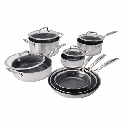 Henckels Paradigm 11-piece stainless steel cookware set with pots, pans, and lids for even heat distribution and everyday cooking
