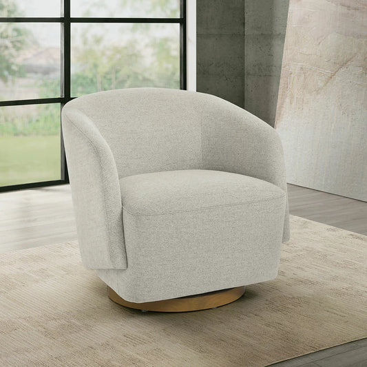 Front view of the Henredon Murphy light grey fabric swivel chair featuring a textured finish in a modern living room setting.