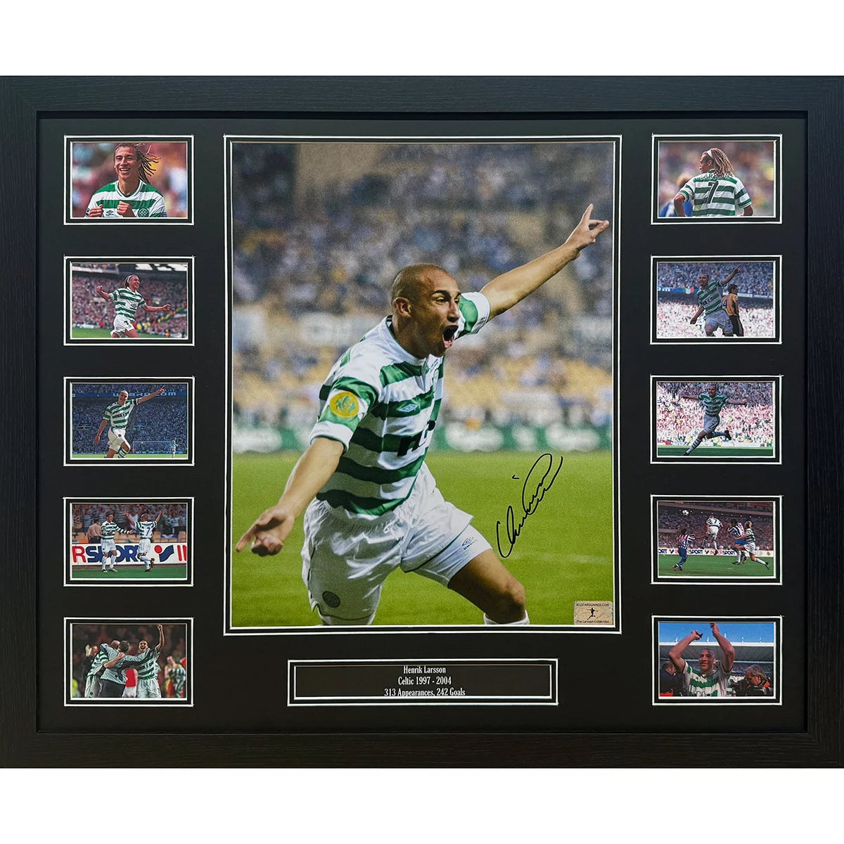 A framed 16x12 inch action photograph of Henrik Larsson in a Celtic kit, featuring a clear black ink autograph and official authentication hologram.