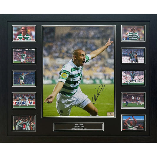A framed 16x12 inch action photograph of Henrik Larsson in a Celtic kit, featuring a clear black ink autograph and official authentication hologram.
