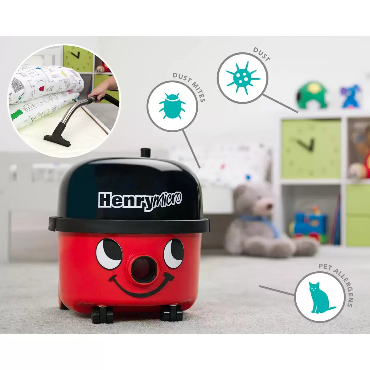 Henry Micro Corded Vacuum Cleaner HVR.200M-11 with Eco Brush cleaning carpets and hard floors using advanced dust filtration
