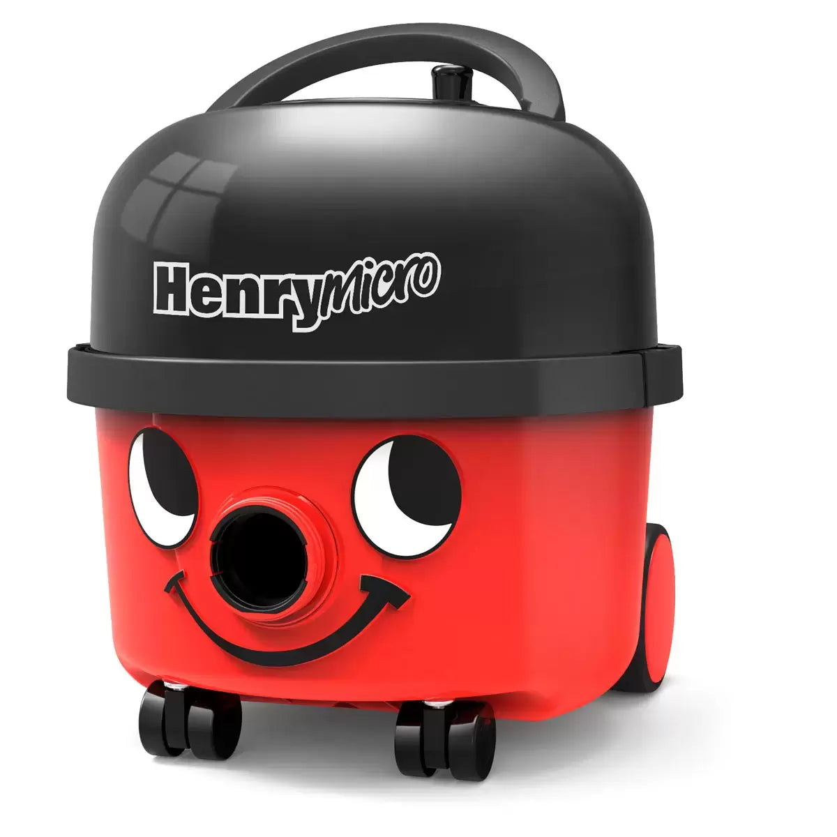Red and black Henry Micro corded vacuum cleaner HVR.200M-11 with face logo, stainless steel wand, and attached EcoBrush tool set up on a hard floor surface.