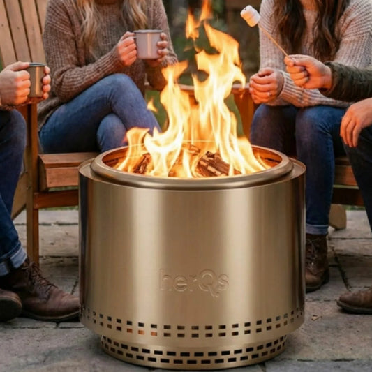 A 68cm stainless steel HerQs Chief fire pit glowing with intense, smokeless flames, positioned on a stone patio during a twilight garden gathering.