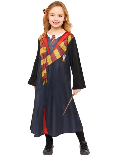 Front view of the Hermione Robe Deluxe Kit showing embroidered Gryffindor crest patch, burgundy lining, and satin neck button on child mannequin setting.