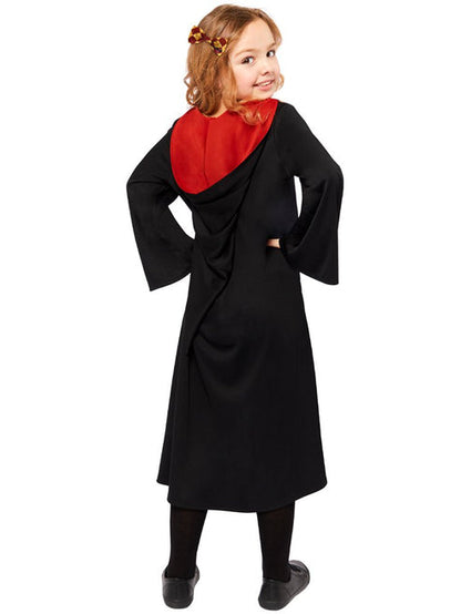 Front view of the Hermione Robe Deluxe Kit showing embroidered Gryffindor crest patch, burgundy lining, and satin neck button on child mannequin setting.