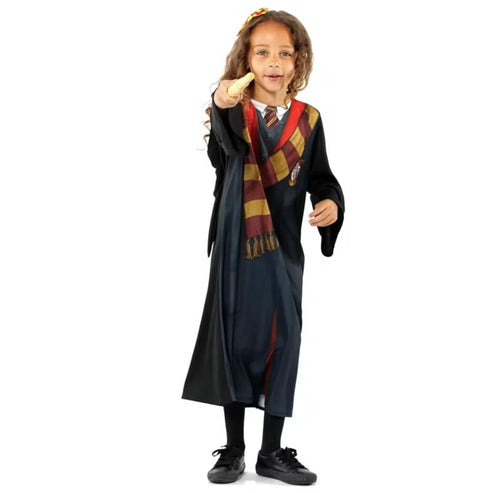 Front view of the Hermione Robe Deluxe Kit showing embroidered Gryffindor crest patch, burgundy lining, and satin neck button on child mannequin setting.