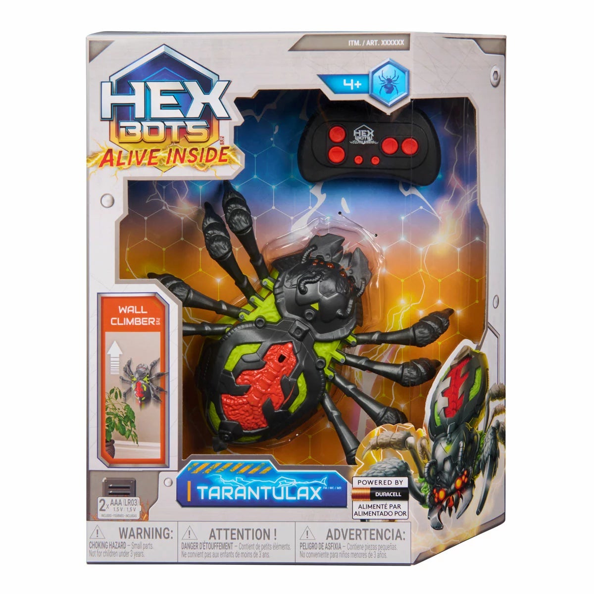 Black Hex-Bots crawling wall spider toy with glowing red LED eyes and furry texture climbing up a white wall.