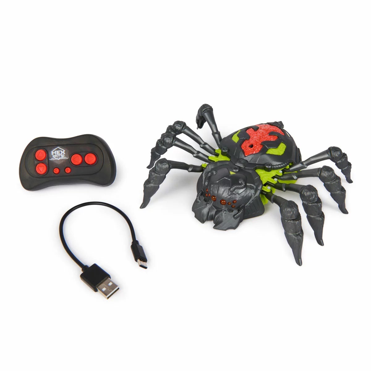 Black Hex-Bots crawling wall spider toy with glowing red LED eyes and furry texture climbing up a white wall.
