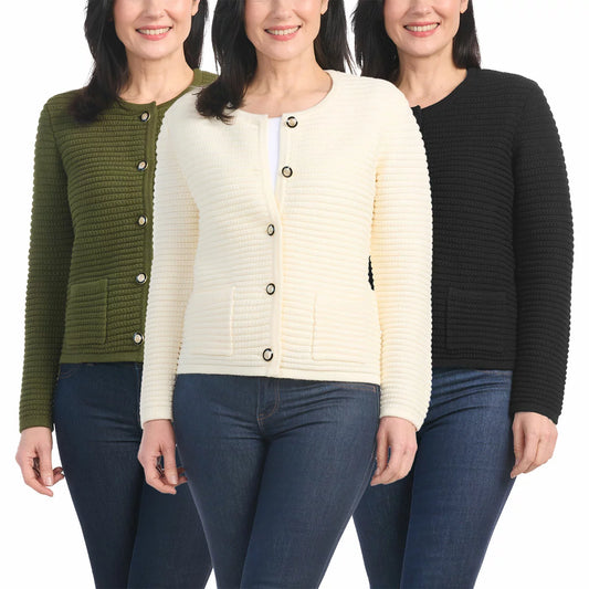 Front view of a woman wearing the cream Hilary Radley textured knit jacket with gold buttons and patch pockets.