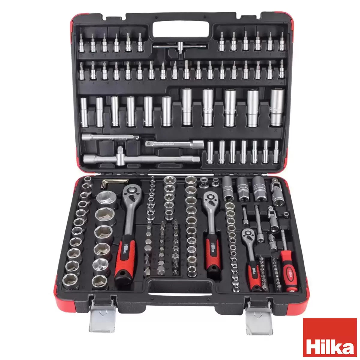 Hilka 171 piece mechanics tool set organized inside an open heavy-duty plastic storage case.