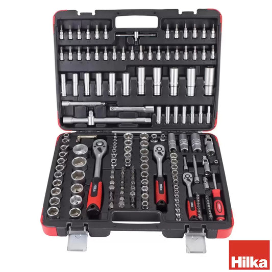 Hilka 171 piece mechanics tool set organized inside an open heavy-duty plastic storage case.