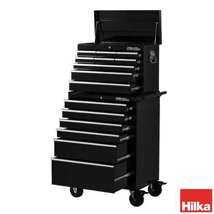 Front-angle view of the black steel Hilka HD Pro plus fifteen drawer tool chest and rolling trolley unit featuring aluminum drawer pulls in an organized automotive workshop.
