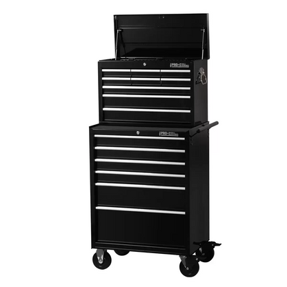 Front-angle view of the black steel Hilka HD Pro plus fifteen drawer tool chest and rolling trolley unit featuring aluminum drawer pulls in an organized automotive workshop.