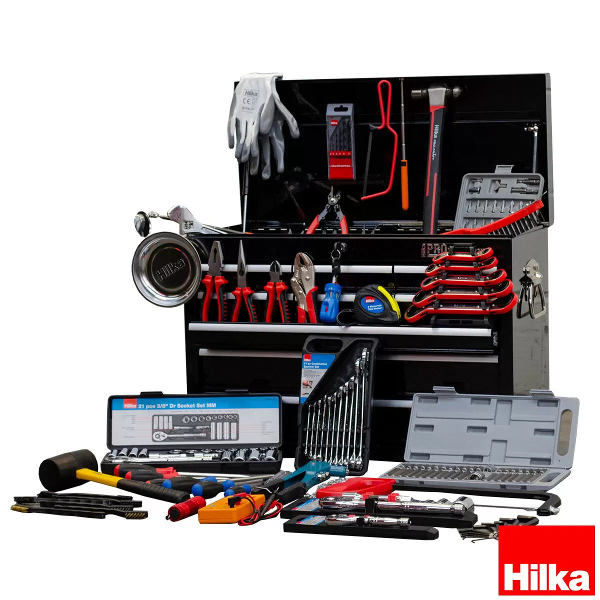 Hilka 304 piece tool kit with heavy duty 9-drawer steel tool chest for professional workshop and garage storage