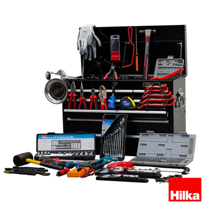 Hilka 304 piece tool kit with heavy duty 9-drawer steel tool chest for professional workshop and garage storage