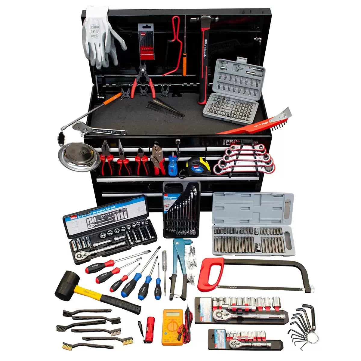 Hilka 304 piece tool kit with heavy duty 9-drawer steel tool chest for professional workshop and garage storage