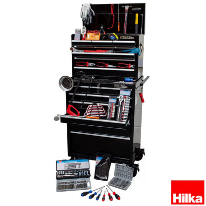Hilka 305 piece tool kit with heavy duty 15-drawer steel tool chest for professional workshop organisation and storage