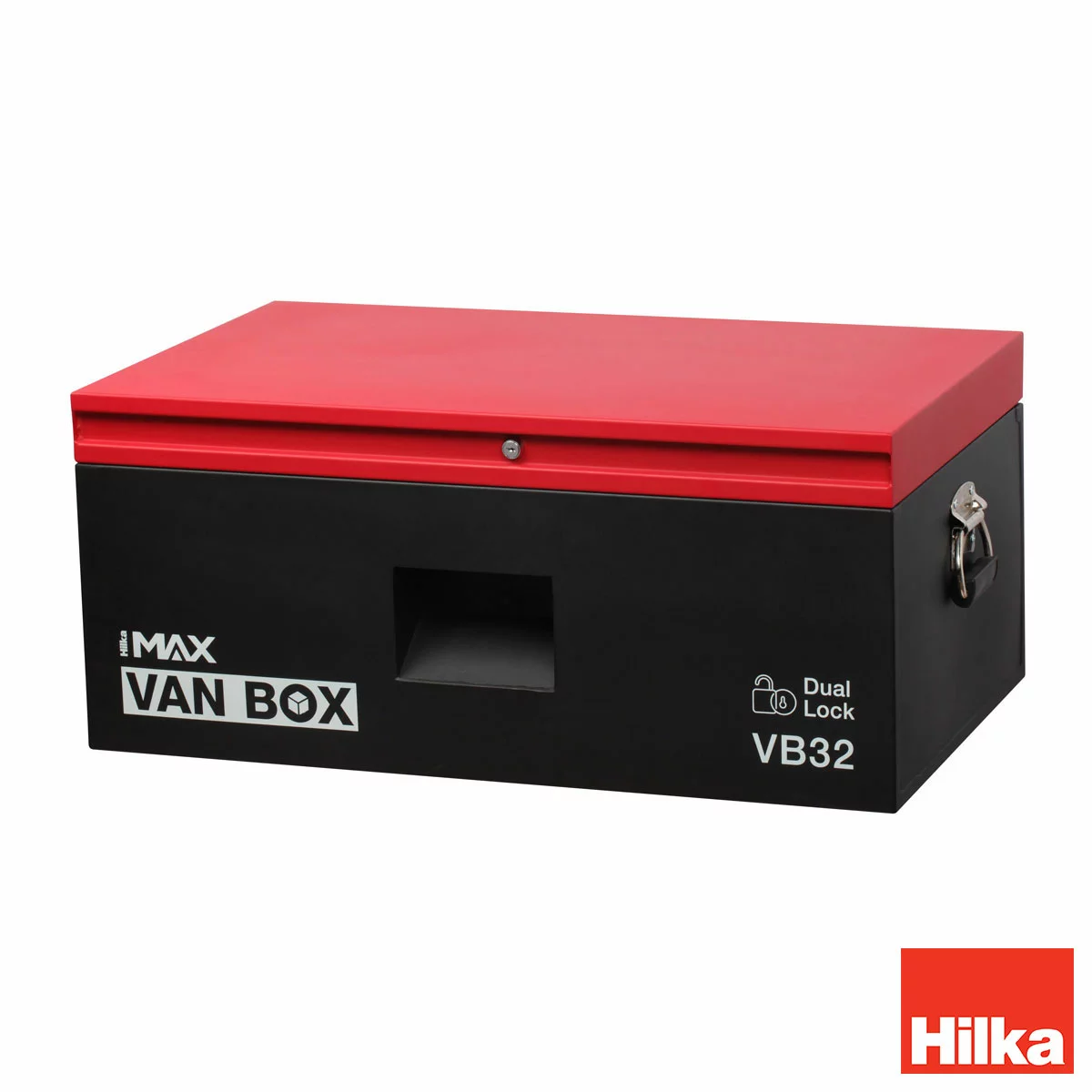 Industrial matte-finish grey steel Hilka 32-inch heavy duty van storage box showing its recessed locking ports and reinforced piano-hinge lid in the back of a professional transit work vehicle.