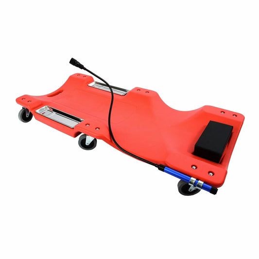 Black 40-inch Hilka plastic mechanics creeper board with built-in headrest, top LED work light, six red castor wheels, and side magnetic parts trays.