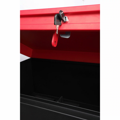 Heavy-duty industrial grey Hilka 42-inch steel site storage box with its lid open, showing gas struts and recessed lock pocket on a concrete floor.