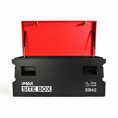 Heavy-duty industrial grey Hilka 42-inch steel site storage box with its lid open, showing gas struts and recessed lock pocket on a concrete floor.